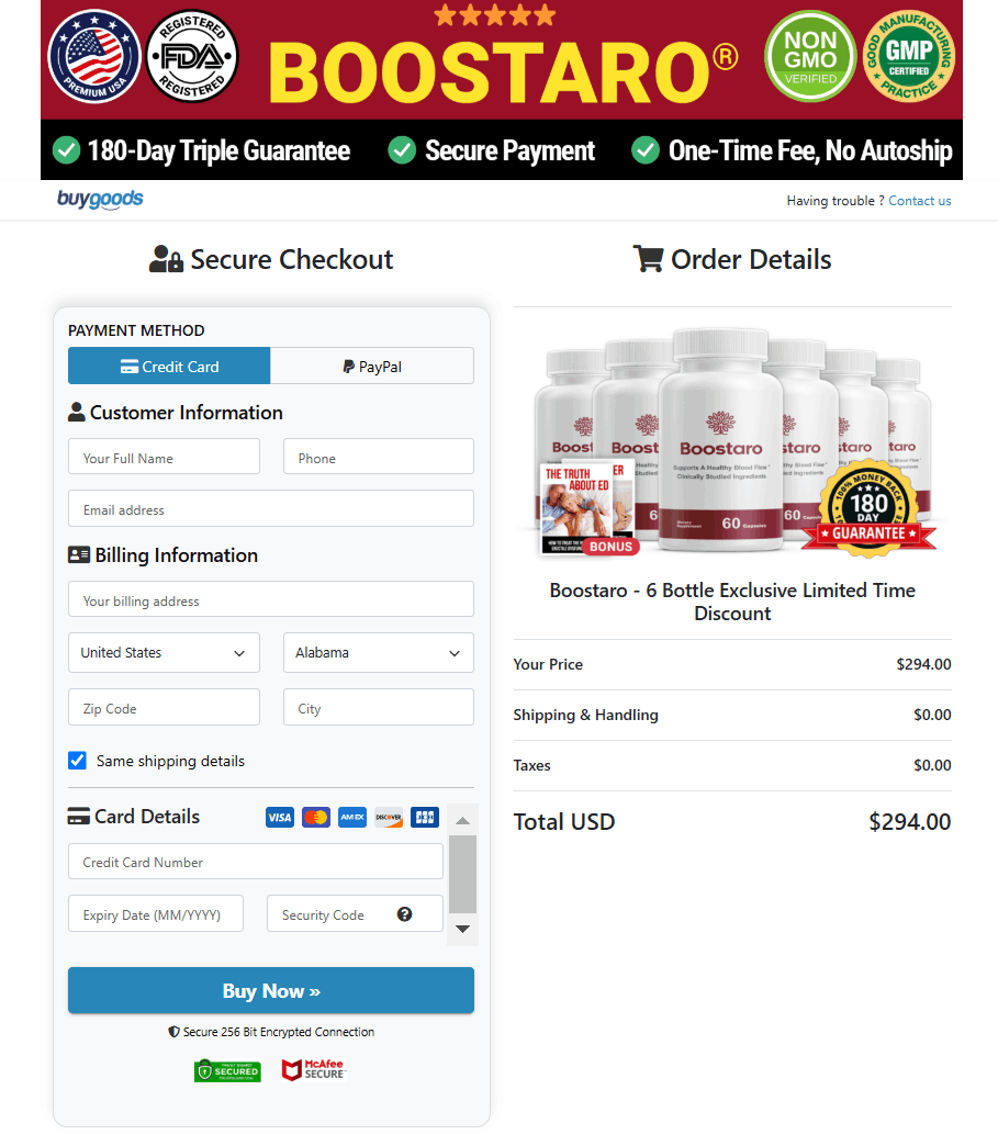 Boostaro secure checkout and order form
